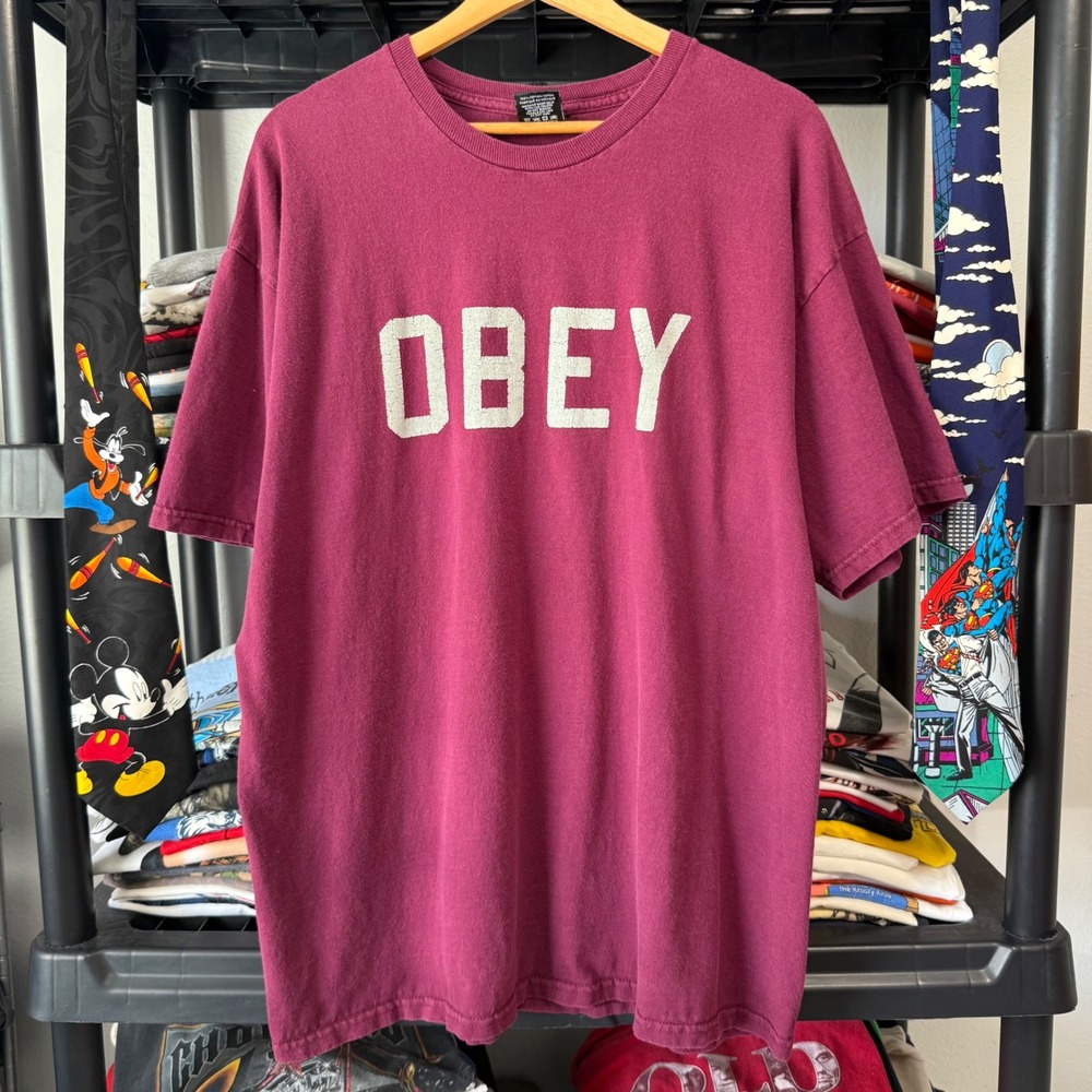 Retro Maroon Obey Spellout Graphic T-Shirt Size XL Light Fading
